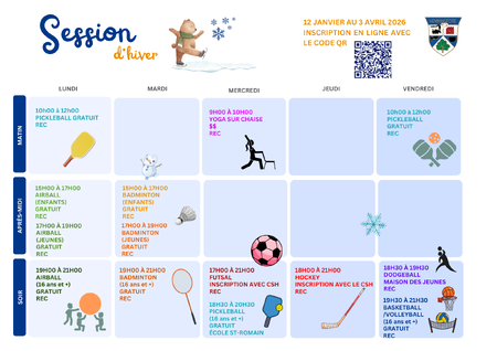 Calendrier des activités Session Hiver 2026